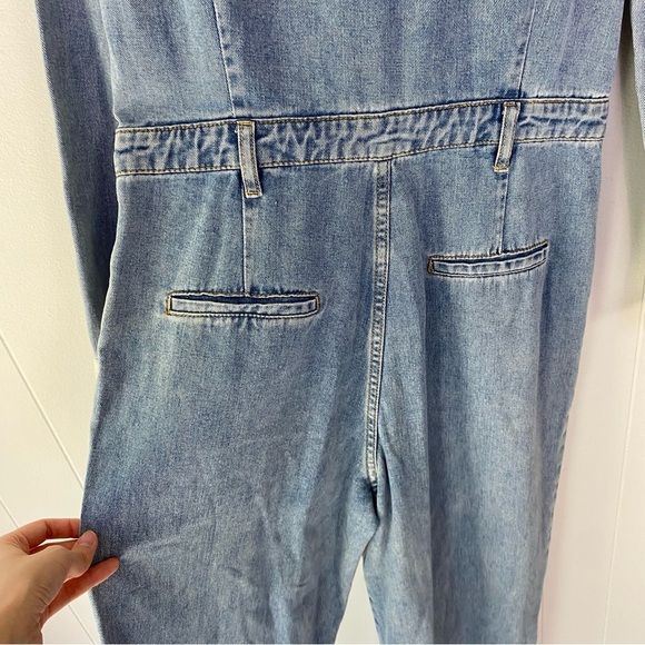 Polagram Denim Jumsuit Light Wash V-neck Collared Corduroy Sz L Straight Leg - Picture 11 of 16